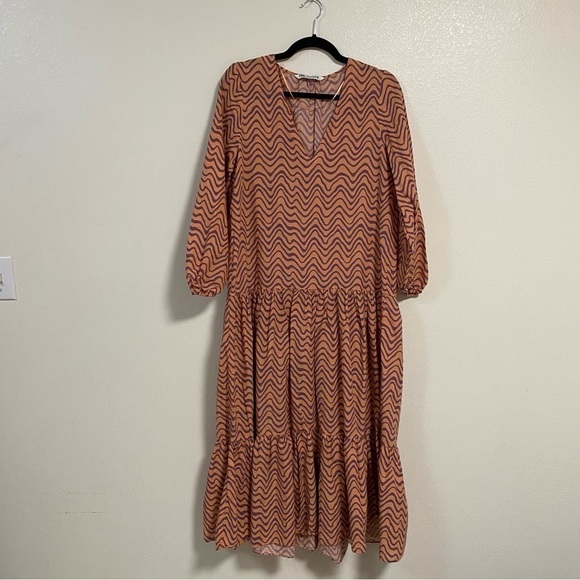 Zara Ruffled Puff Sleeve MIDI The Giny Dress Abstract wavy Print Size XS - Picture 1 of 12